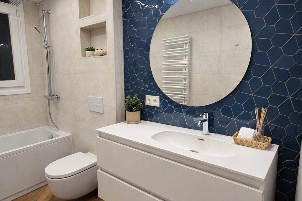Bano con azulejos azules hexagonales y bano reformado en Zaragoza