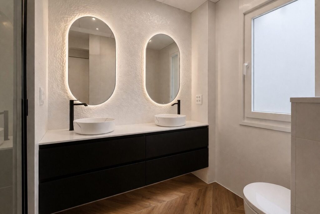 Bano con ducha de cristal negro y lavamanos de marmol en vivienda reformada