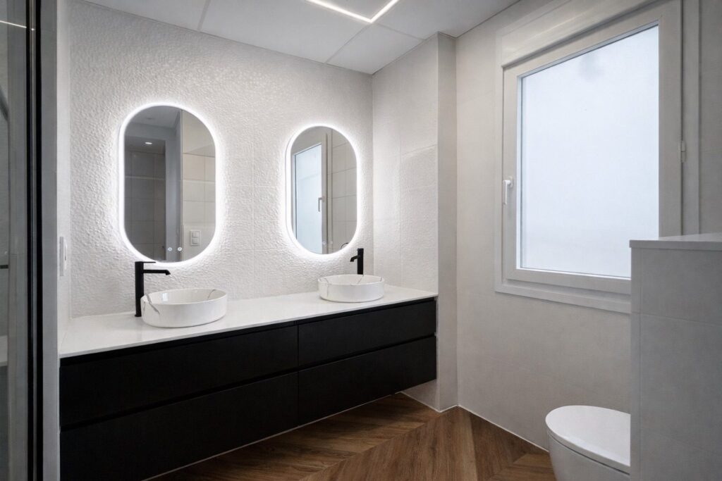 Bano principal reformado con mueble negro y espejos LED ovalados